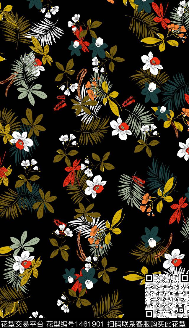 花卉条纹黑底花卉传统印花华亿平台下载（图片编号: 1461901） - 瓦栏（Walan）