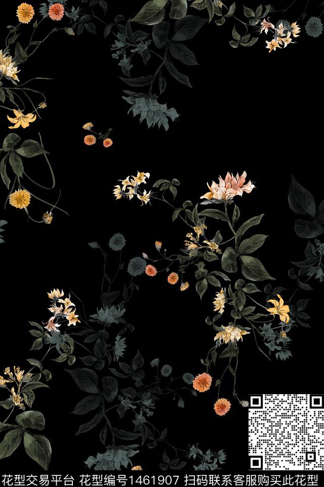 黑底花卉花卉大牌风数码印花华亿平台下载（图片编号: 1461907） - 瓦栏（Walan）