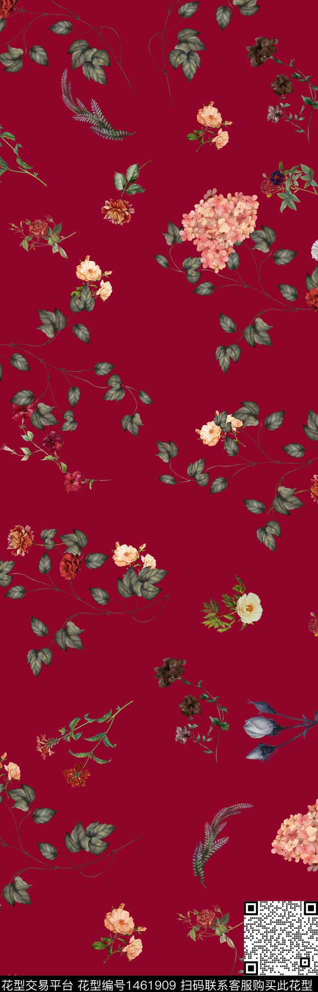 复古花卉印度红底数码印花华亿平台下载（图片编号: 1461909） - 瓦栏（Walan）