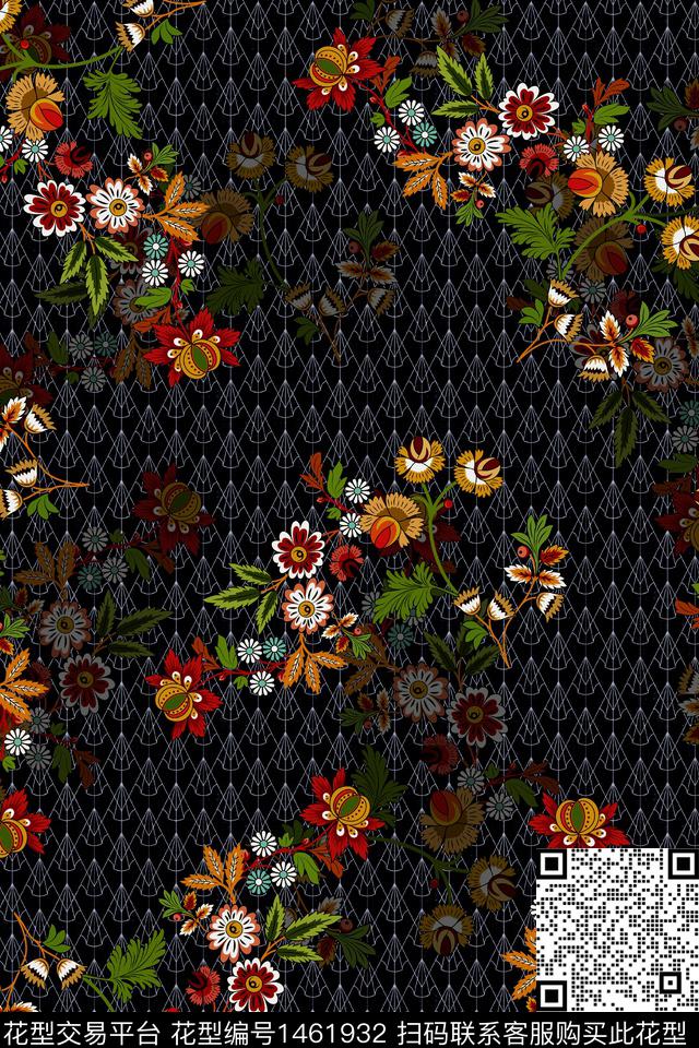 黑底花卉传统纹样佩斯利数码印花华亿平台下载（图片编号: 1461932） - 瓦栏（Walan）