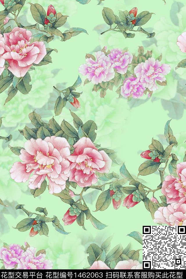 双色水彩花卉杜丹花数码印花华亿平台下载（图片编号: 1462063） - 瓦栏（Walan）