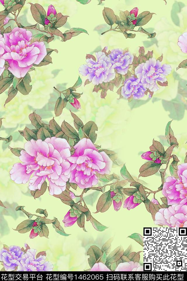双色水彩花卉杜丹花数码印花华亿平台下载（图片编号: 1462065） - 瓦栏（Walan）