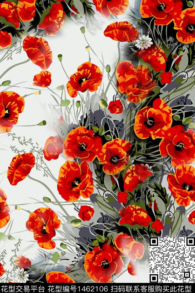 双色水彩花卉罂粟花数码印花华亿平台下载（图片编号: 1462106） - 瓦栏（Walan）