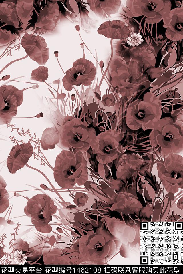 双色水彩花卉罂粟花数码印花华亿平台下载（图片编号: 1462108） - 瓦栏（Walan）