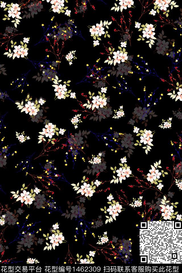 绿植树叶黑底花卉年轻女性数码印花华亿平台下载（图片编号: 1462309） - 瓦栏（Walan）