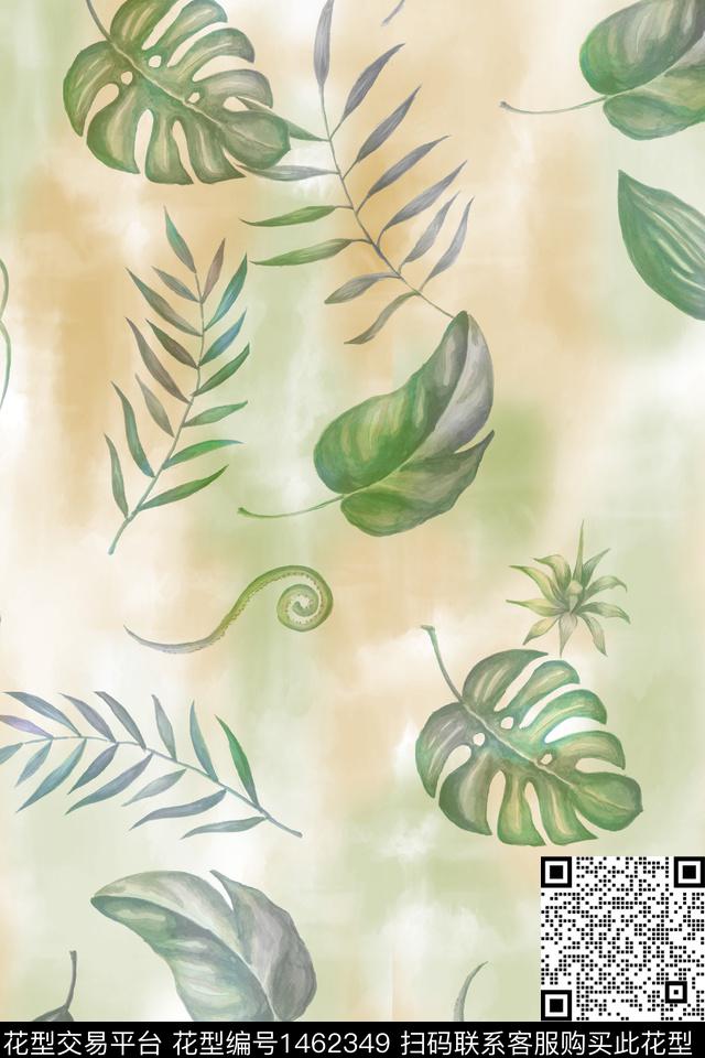 小清新真丝绿植树叶数码印花华亿平台下载（图片编号: 1462349） - 瓦栏（Walan）