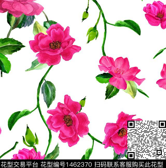 水彩花卉白底花数码印花华亿平台下载（图片编号: 1462370） - 瓦栏（Walan）