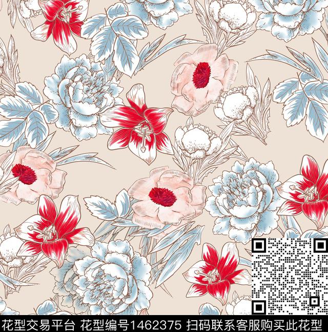 花卉手绘牡丹数码印花华亿平台下载（图片编号: 1462375） - 瓦栏（Walan）