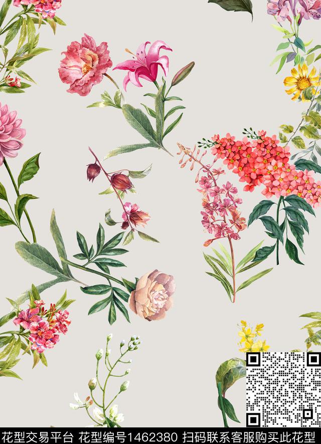 水彩花卉米色底数码印花华亿平台下载（图片编号: 1462380） - 瓦栏（Walan）