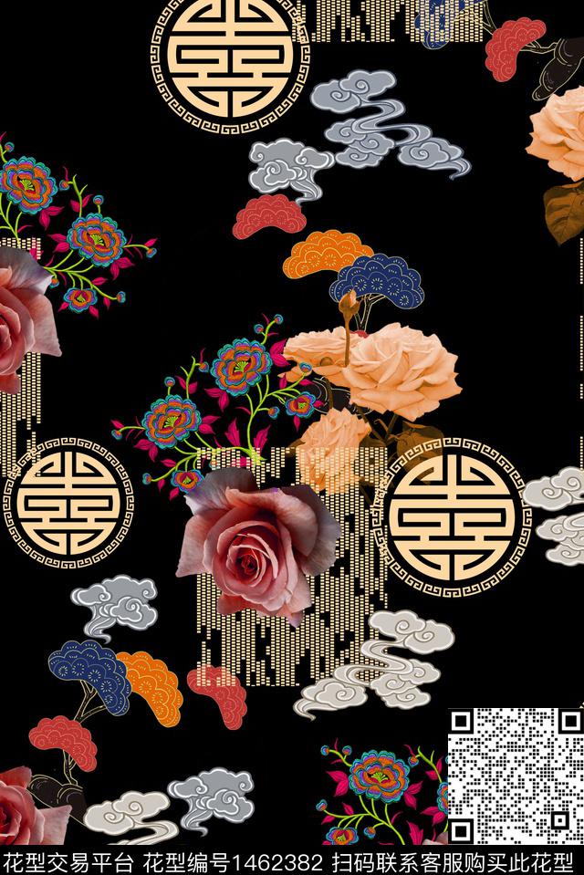 祥云玫瑰花中国风花卉数码印花华亿平台下载（图片编号: 1462382） - 瓦栏（Walan）
