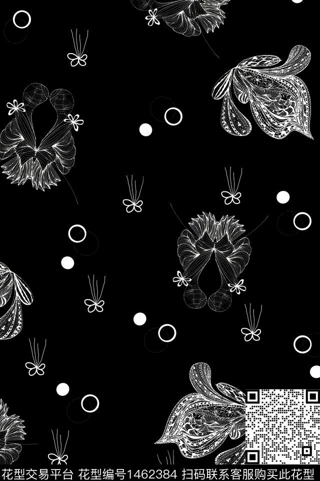 花卉线条花卉单色数码印花华亿平台下载（图片编号: 1462384） - 瓦栏（Walan）