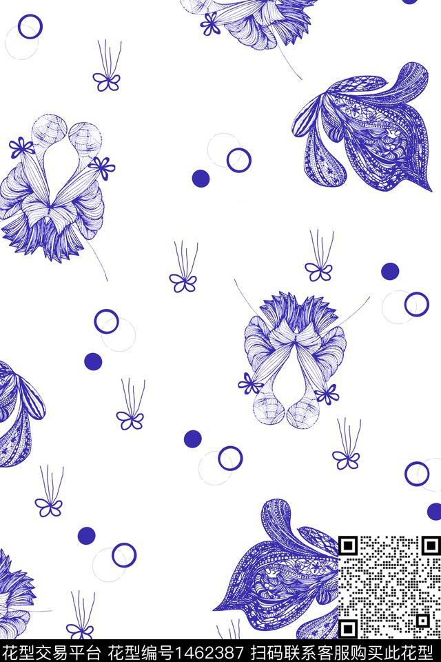 花卉线条花卉单色数码印花华亿平台下载（图片编号: 1462387） - 瓦栏（Walan）