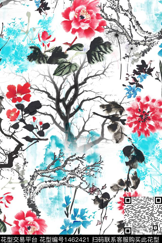 树枝花卉旗袍数码印花华亿平台下载（图片编号: 1462421） - 瓦栏（Walan）