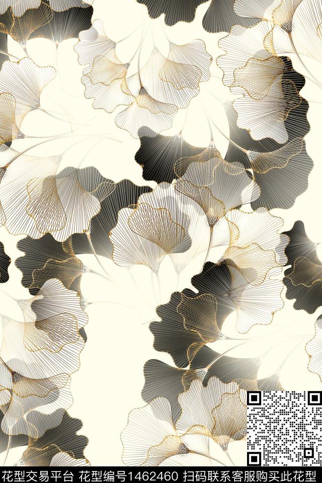 线条绿植树叶年轻女性数码印花华亿平台下载（图片编号: 1462460） - 瓦栏（Walan）