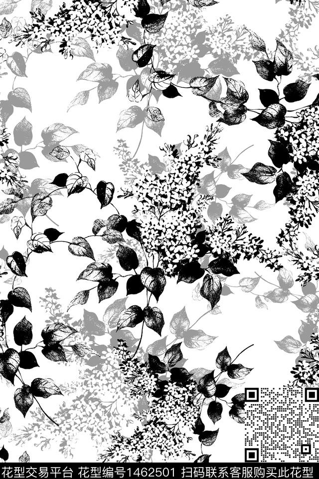 黑白华亿平台花卉小清新数码印花华亿平台下载（图片编号: 1462501） - 瓦栏（Walan）