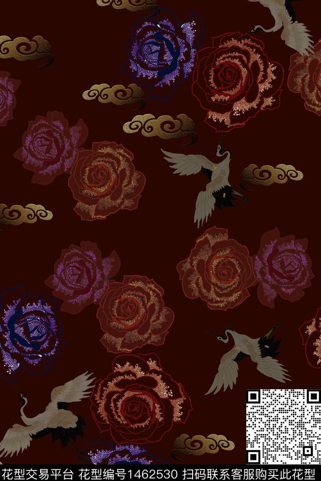 祥云香云纱中国风花卉数码印花华亿平台下载（图片编号: 1462530） - 瓦栏（Walan）