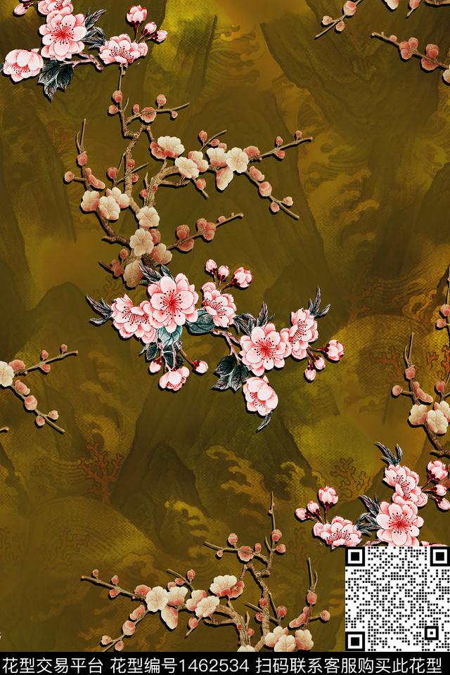 中国风梅花真丝数码印花华亿平台下载（图片编号: 1462534） - 瓦栏（Walan）