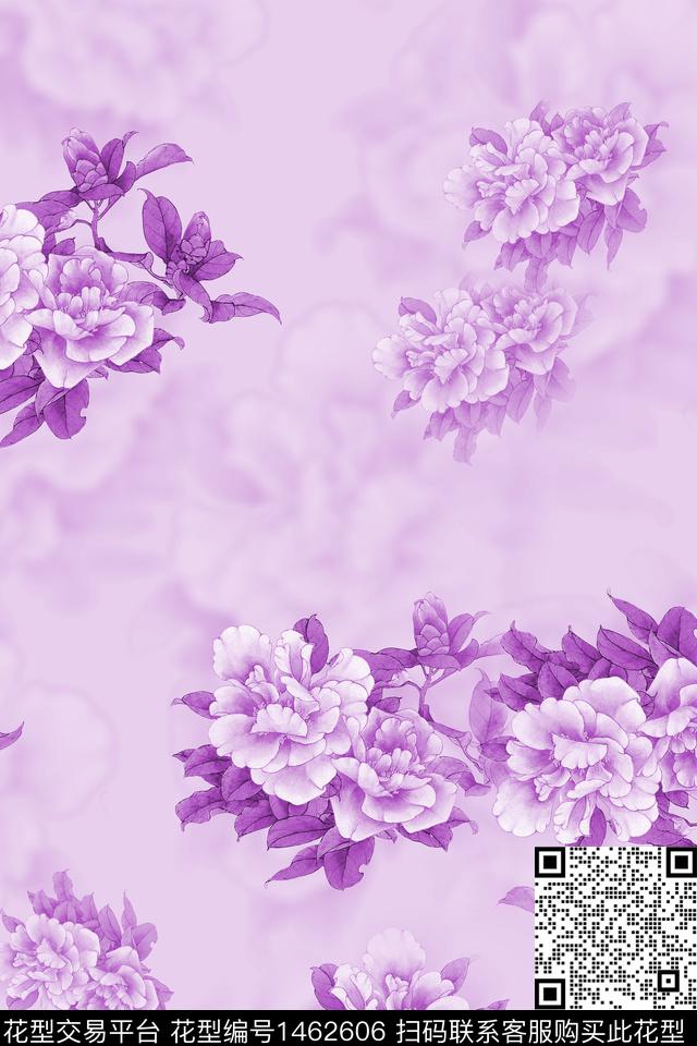 花卉牡丹单色数码印花华亿平台下载（图片编号: 1462606） - 瓦栏（Walan）
