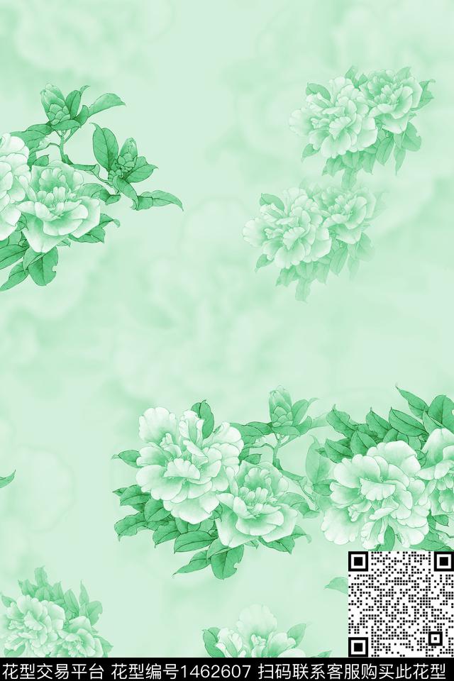 花卉牡丹单色数码印花华亿平台下载（图片编号: 1462607） - 瓦栏（Walan）