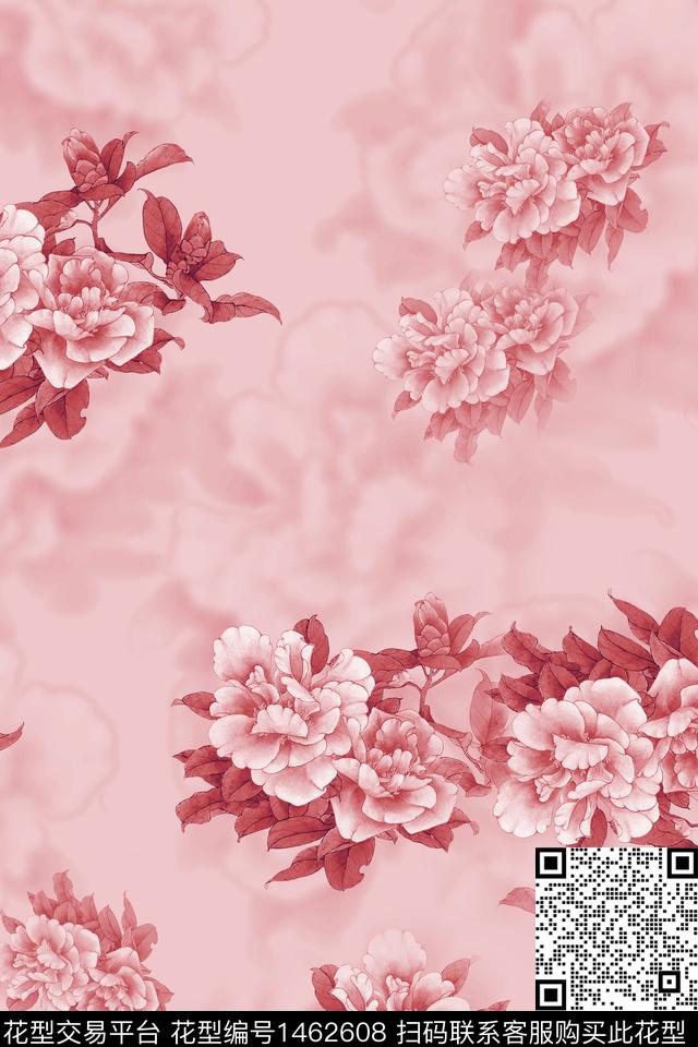 花卉牡丹单色数码印花华亿平台下载（图片编号: 1462608） - 瓦栏（Walan）