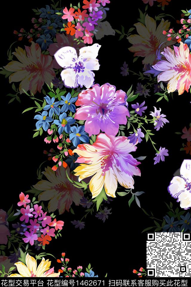 水彩绿植树叶黑底花卉数码印花华亿平台下载（图片编号: 1462671） - 瓦栏（Walan）