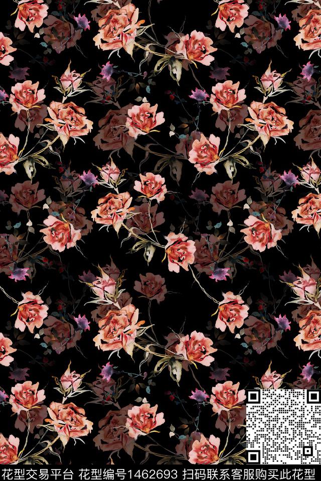 黑底花卉花卉小清新数码印花华亿平台下载（图片编号: 1462693） - 瓦栏（Walan）