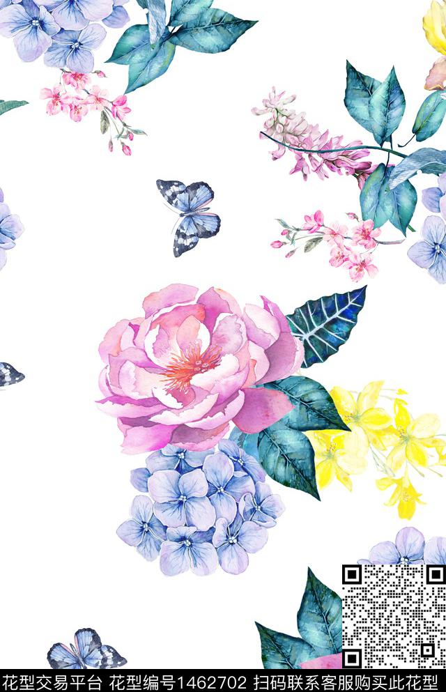 绣球花蝴蝶玫瑰花数码印花华亿平台下载（图片编号: 1462702） - 瓦栏（Walan）