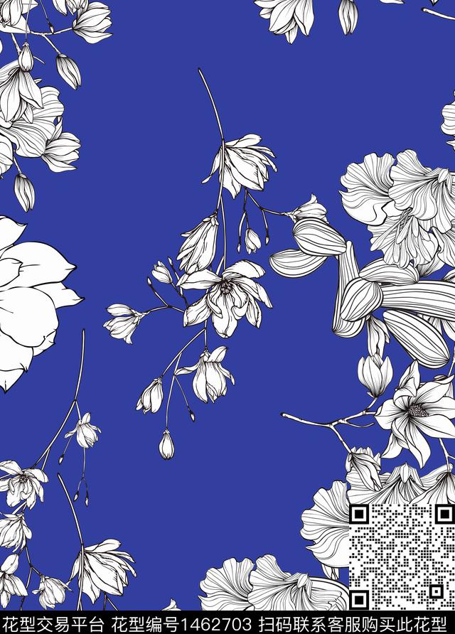 花卉手绘宝蓝底传统印花华亿平台下载（图片编号: 1462703） - 瓦栏（Walan）