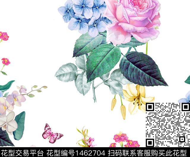 绣球花玫瑰花白底花数码印花华亿平台下载（图片编号: 1462704） - 瓦栏（Walan）