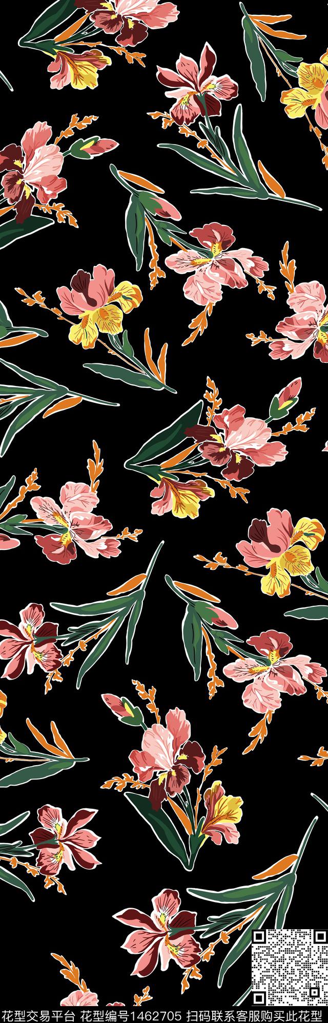 花卉手绘黑底花卉传统印花华亿平台下载（图片编号: 1462705） - 瓦栏（Walan）