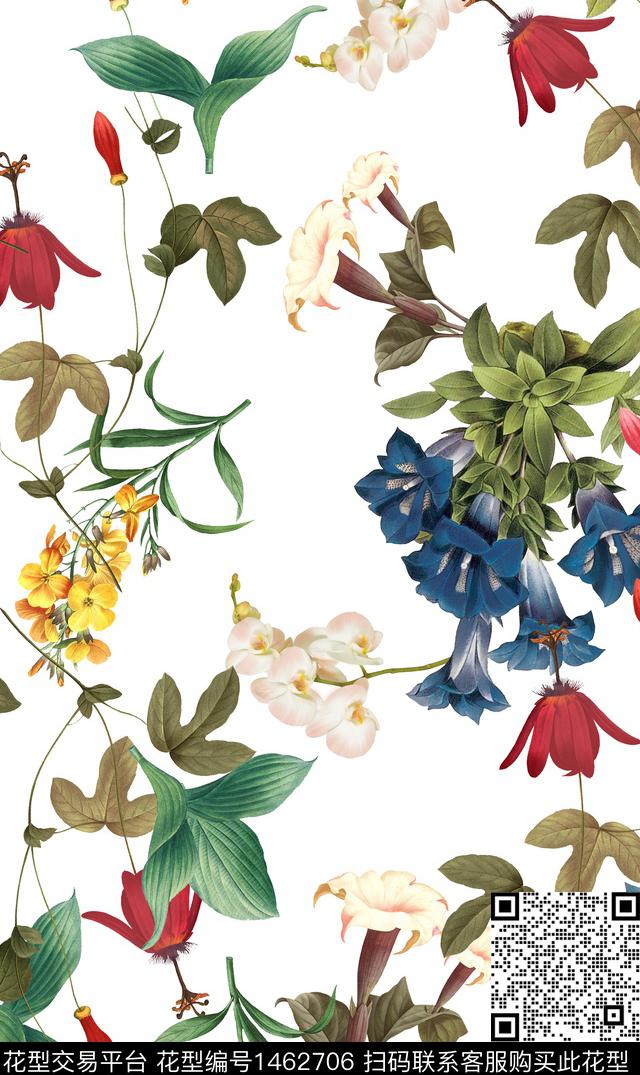 复古花卉白底花数码印花华亿平台下载（图片编号: 1462706） - 瓦栏（Walan）