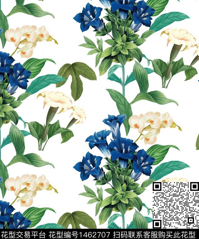 复古花卉白底花数码印花华亿平台下载（图片编号: 1462707） - 瓦栏（Walan）