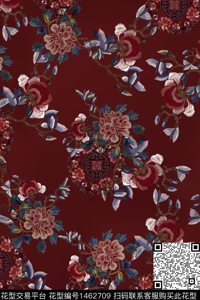 香云纱绣花华亿平台中国风花卉数码印花华亿平台下载（图片编号: 1462709） - 瓦栏（Walan）