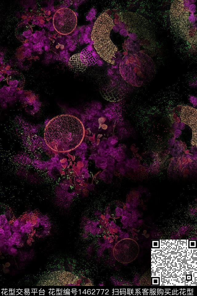 花卉黑底花卉双原素数码印花华亿平台下载（图片编号: 1462772） - 瓦栏（Walan）