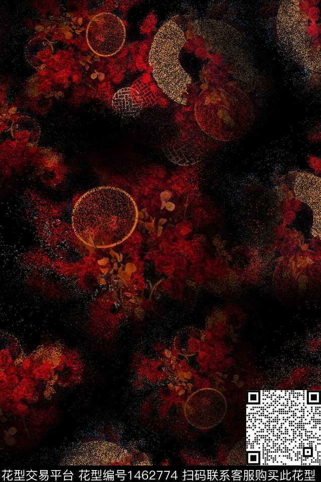 花卉黑底花卉双原素数码印花华亿平台下载（图片编号: 1462774） - 瓦栏（Walan）