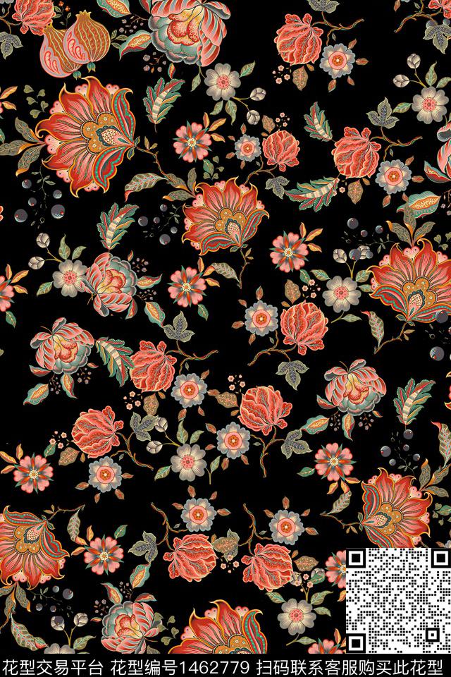 民族风花卉真丝数码印花华亿平台下载（图片编号: 1462779） - 瓦栏（Walan）