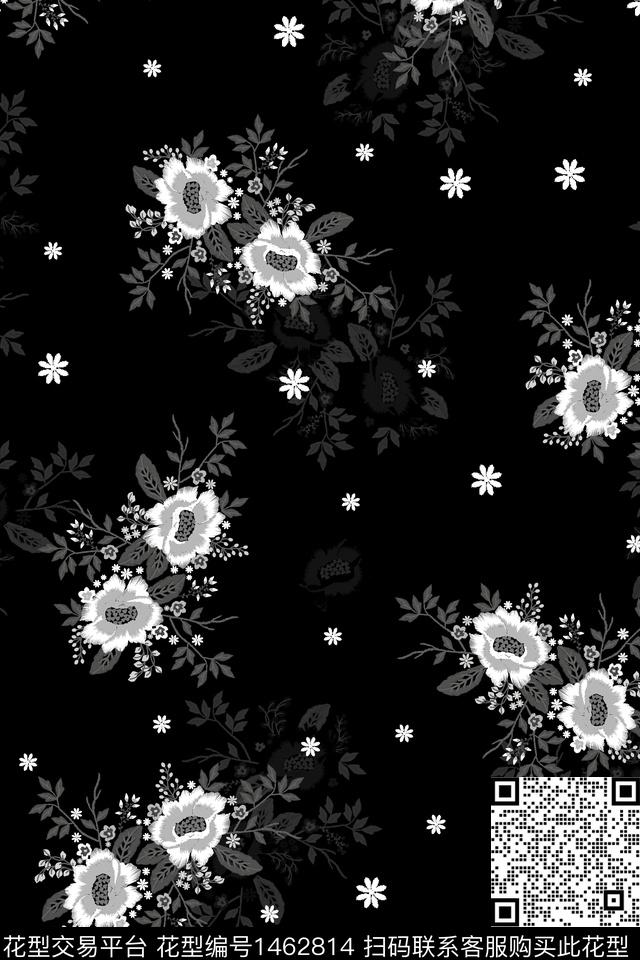 绿植树叶黑底花卉年轻女性传统印花华亿平台下载（图片编号: 1462814） - 瓦栏（Walan）