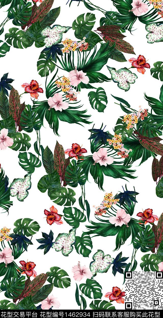 花卉龟背叶白底花数码印花华亿平台下载（图片编号: 1462934） - 瓦栏（Walan）