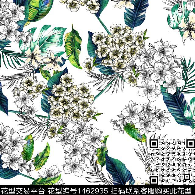 白底花花卉手绘数码印花华亿平台下载（图片编号: 1462935） - 瓦栏（Walan）