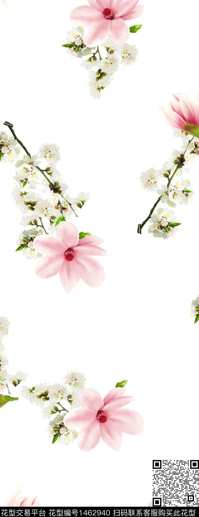 白底花花卉木兰花数码印花华亿平台下载（图片编号: 1462940） - 瓦栏（Walan）