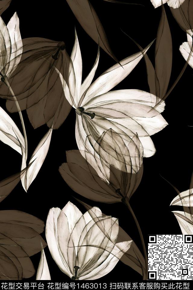 黑底花卉花卉大牌风数码印花华亿平台下载（图片编号: 1463013） - 瓦栏（Walan）