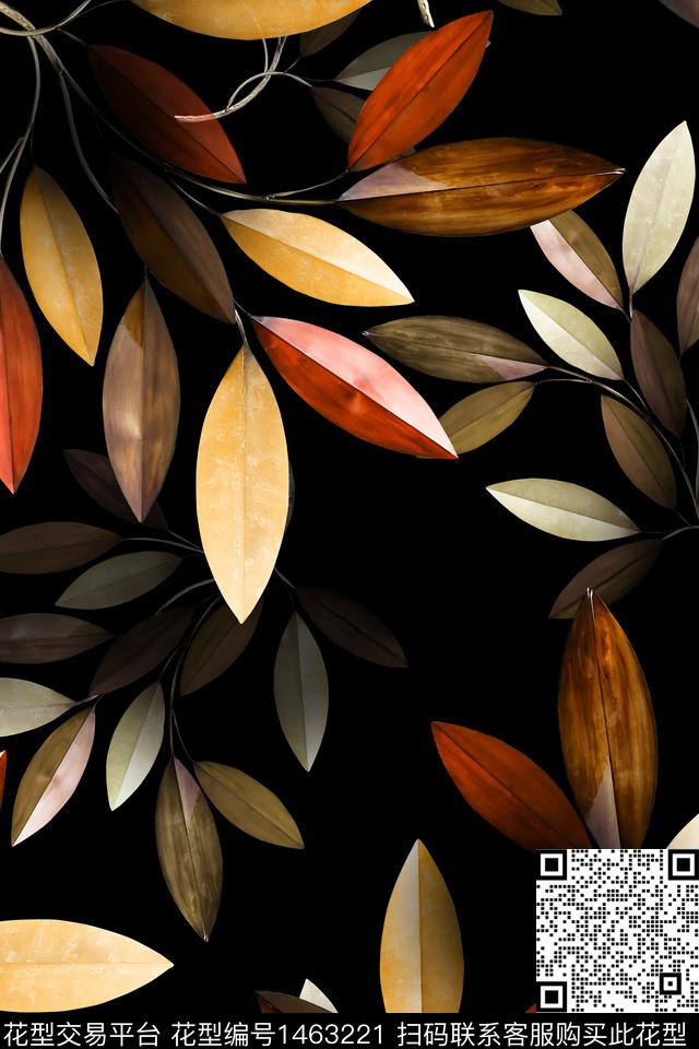 水彩绿植树叶黑底花卉数码印花华亿平台下载（图片编号: 1463221） - 瓦栏（Walan）