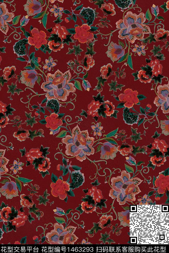 香云纱中国风花卉绣花华亿平台数码印花华亿平台下载（图片编号: 1463293） - 瓦栏（Walan）