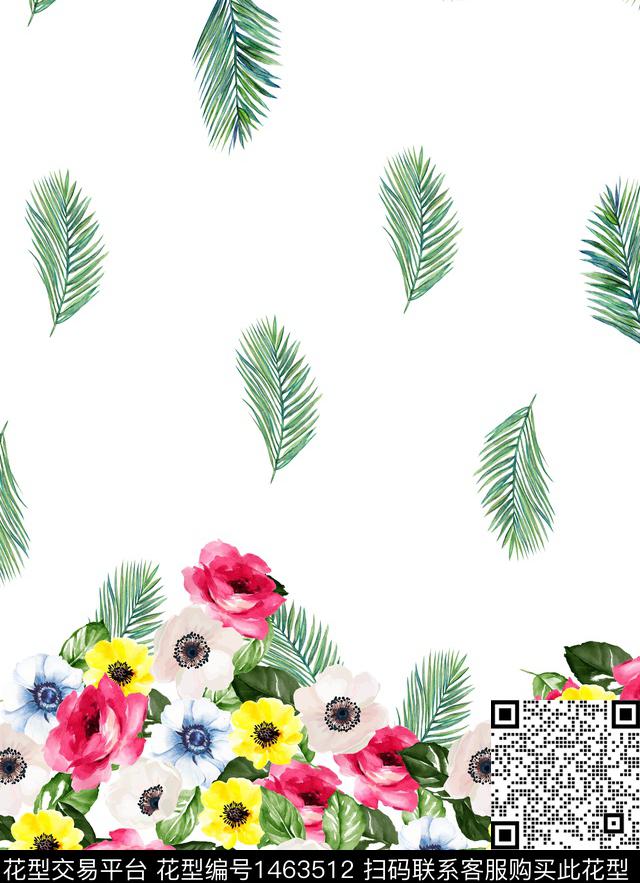 水彩花卉白底花数码印花华亿平台下载（图片编号: 1463512） - 瓦栏（Walan）