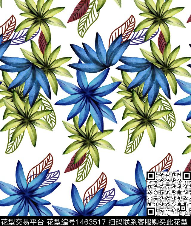 花卉手绘绿植树叶数码印花华亿平台下载（图片编号: 1463517） - 瓦栏（Walan）