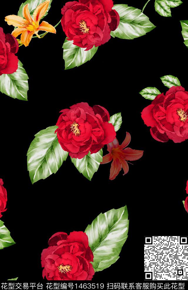 水彩花卉黑底花卉数码印花华亿平台下载（图片编号: 1463519） - 瓦栏（Walan）