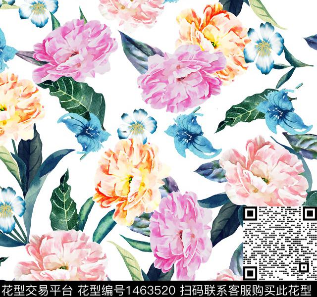 水彩花卉白底花数码印花华亿平台下载（图片编号: 1463520） - 瓦栏（Walan）