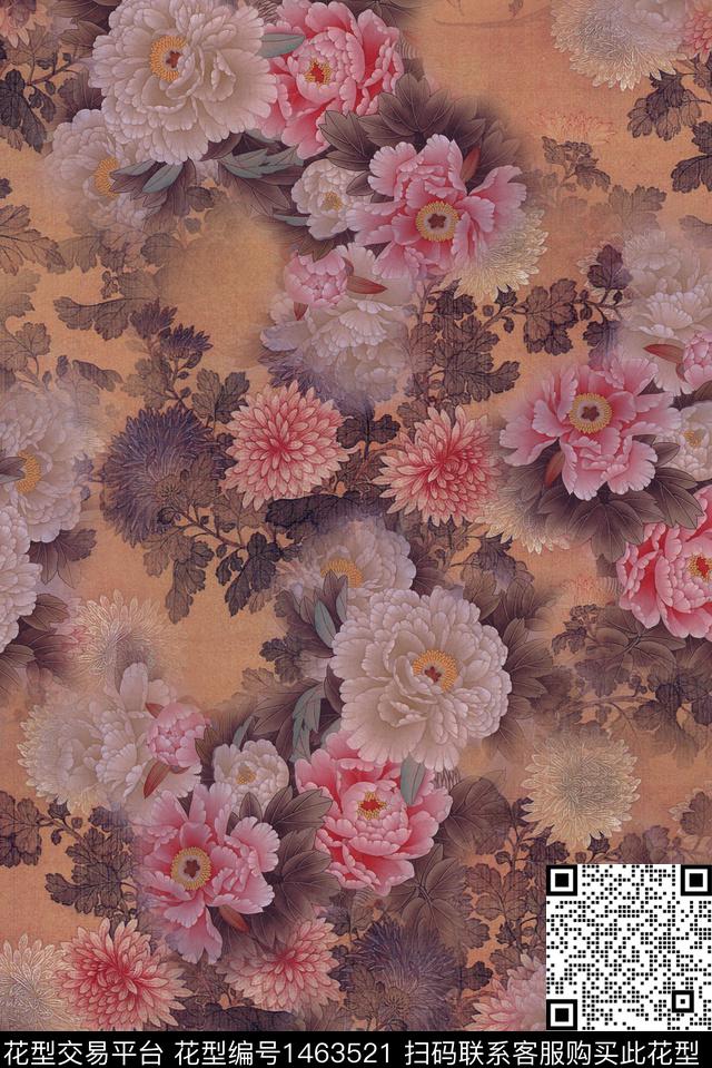 香云纱中国风牡丹数码印花华亿平台下载（图片编号: 1463521） - 瓦栏（Walan）
