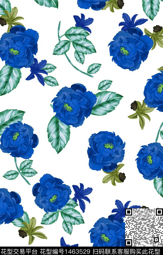 水彩花卉白底花数码印花华亿平台下载（图片编号: 1463529） - 瓦栏（Walan）