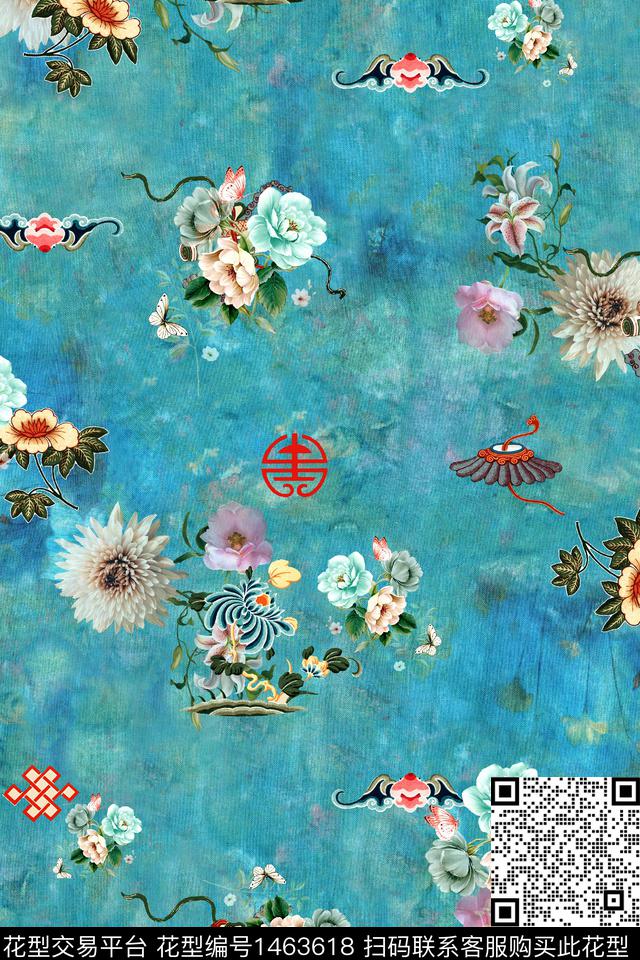 花卉中国风真丝数码印花华亿平台下载（图片编号: 1463618） - 瓦栏（Walan）
